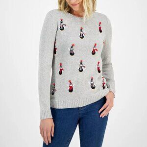 NWT Womens Size Small Christmas Fuzzy Penguin Crewneck Sweater Grey Holiday Lane